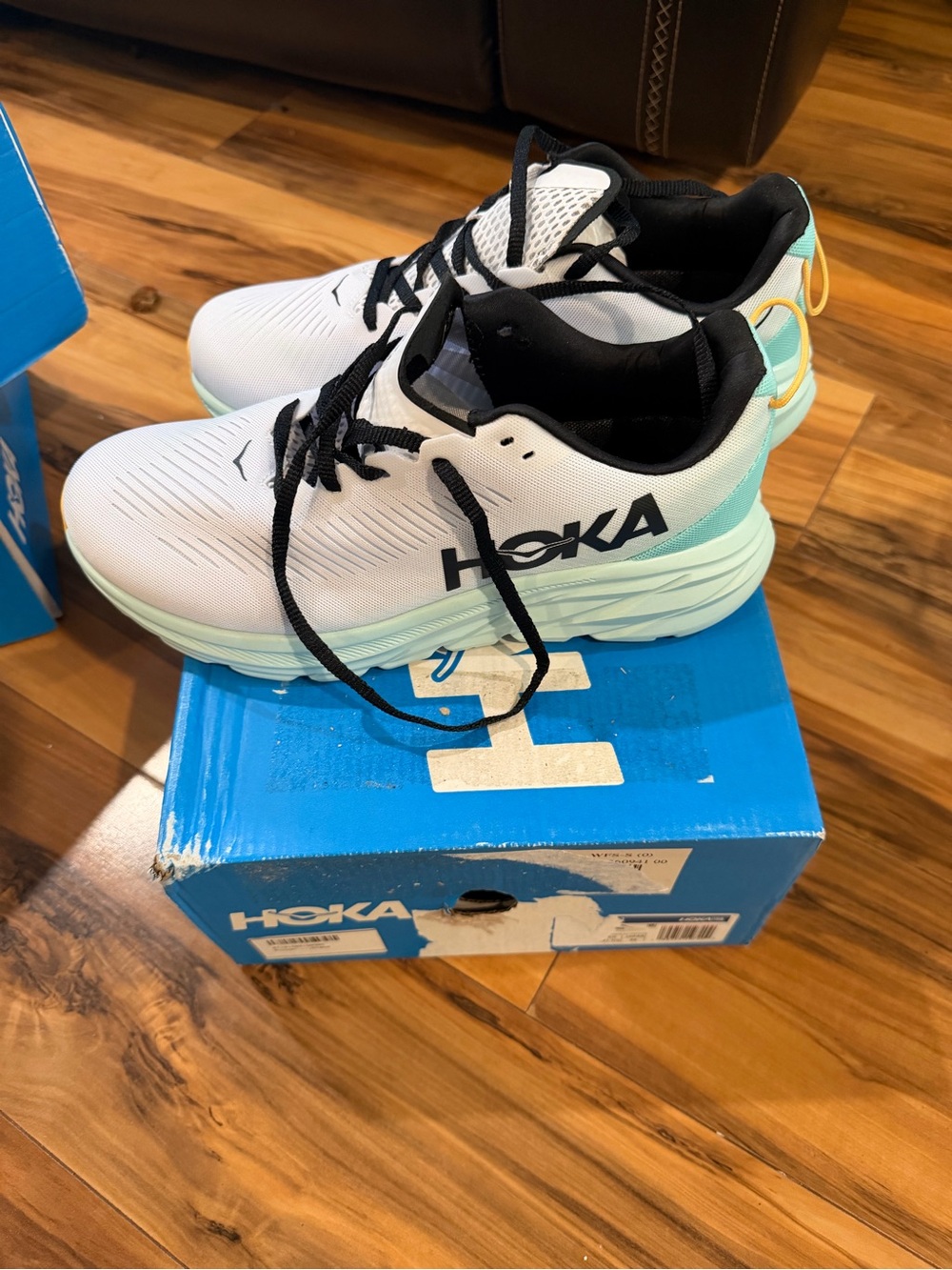 Hoka Kids White and Mint Lace-Up Sneakers with Black Accents